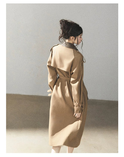 AOMALM - Chestnut Brown Long A-Line Trench Coat with Belt