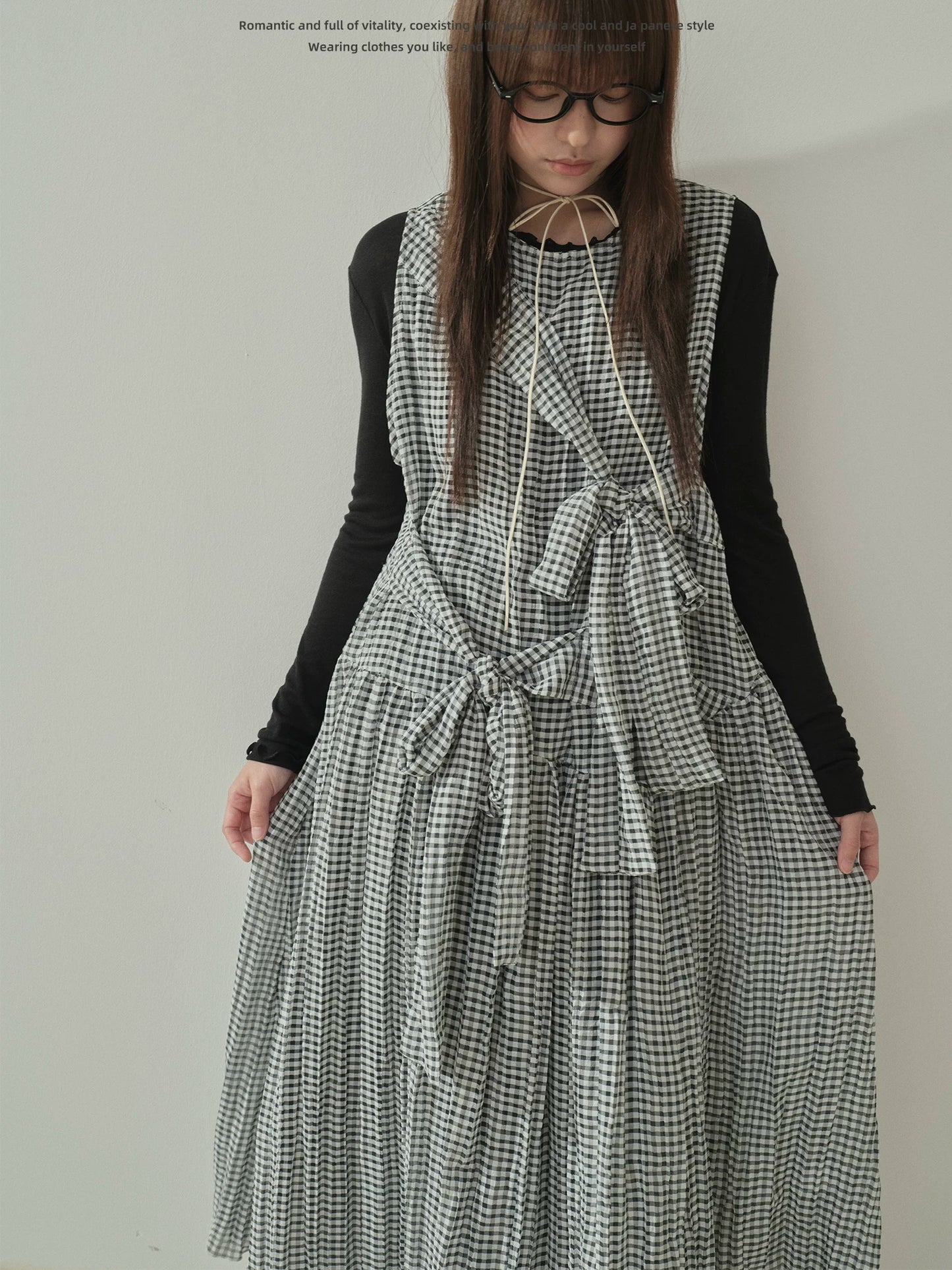 "Heritage Ribbon" Black & White Plaid Plaid Bow Maxi Dress