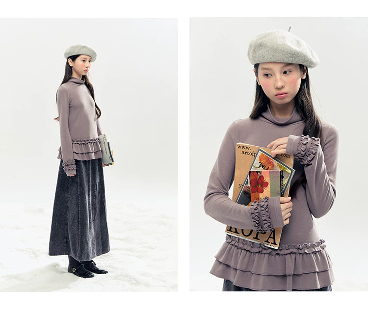 "Lavender Mist" Smoky Mauve Ruffle Ruched Turtleneck Knit Top