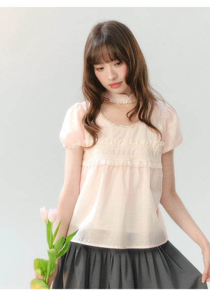 "Pink Mist Notes" Blush Pink Lace Puff Sleeve Blouse  LL2026217