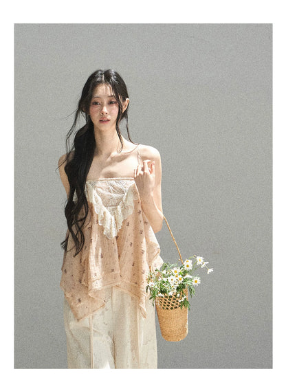 "Orange-Scented Dusk" Toasted Rice Beige Asymmetrical Lace Cami