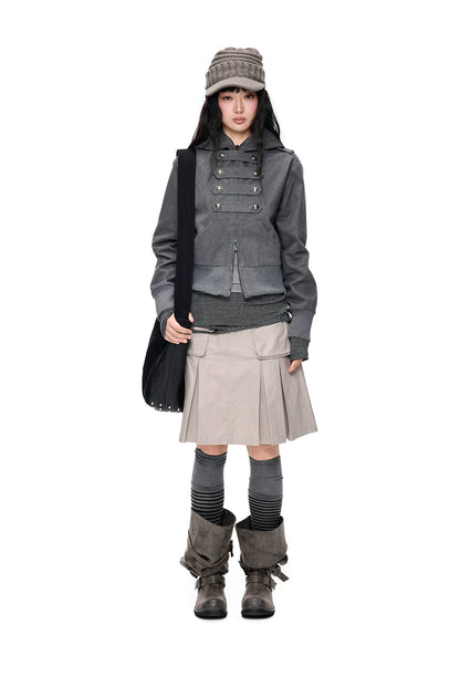 EZEK | Cropped Hooded Sweatshirt Jacket with Double Metal Snap Closure (Black / Gray)