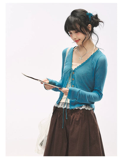 "Comfort Corner" Tie-Front Knit Cardigan (Melon Green/ Peacock Blue)