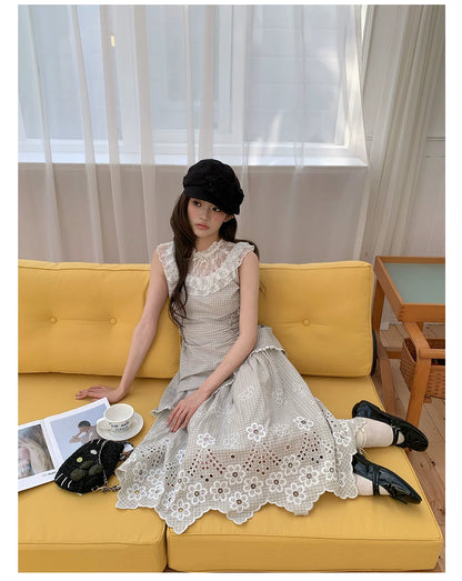 “Tea Garden Reverie” Light Apricot Plaid Embroidered Dress
