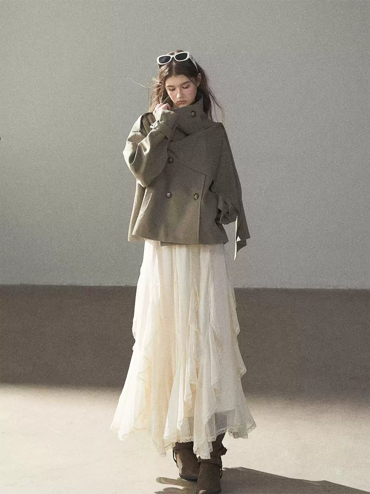 Gray Funnel-Neck Double-Breasted Short Trench Coat