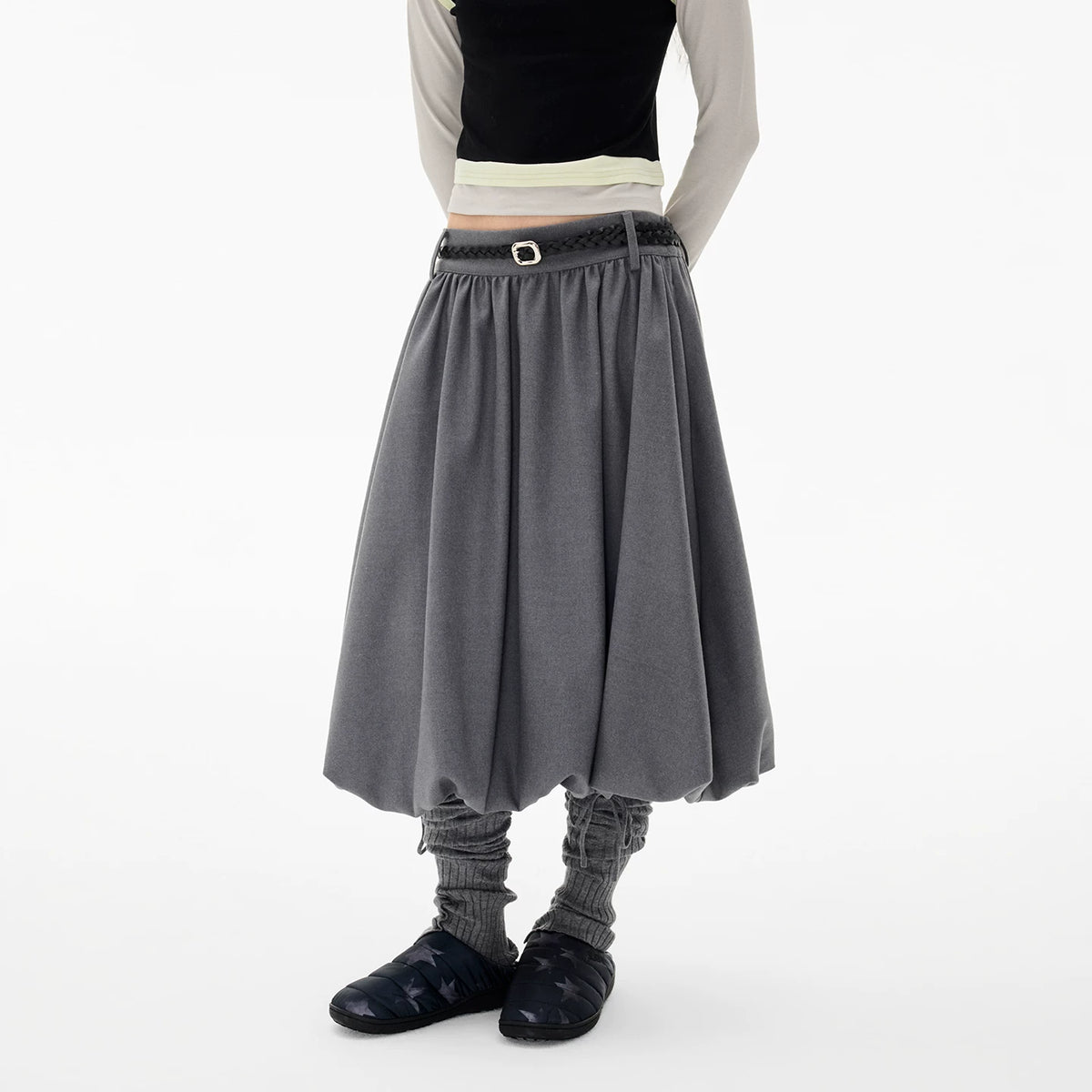 EZEK | Cloud Flower Bubble Skirt A-Line Midi (Black / White / Tan / Gray)