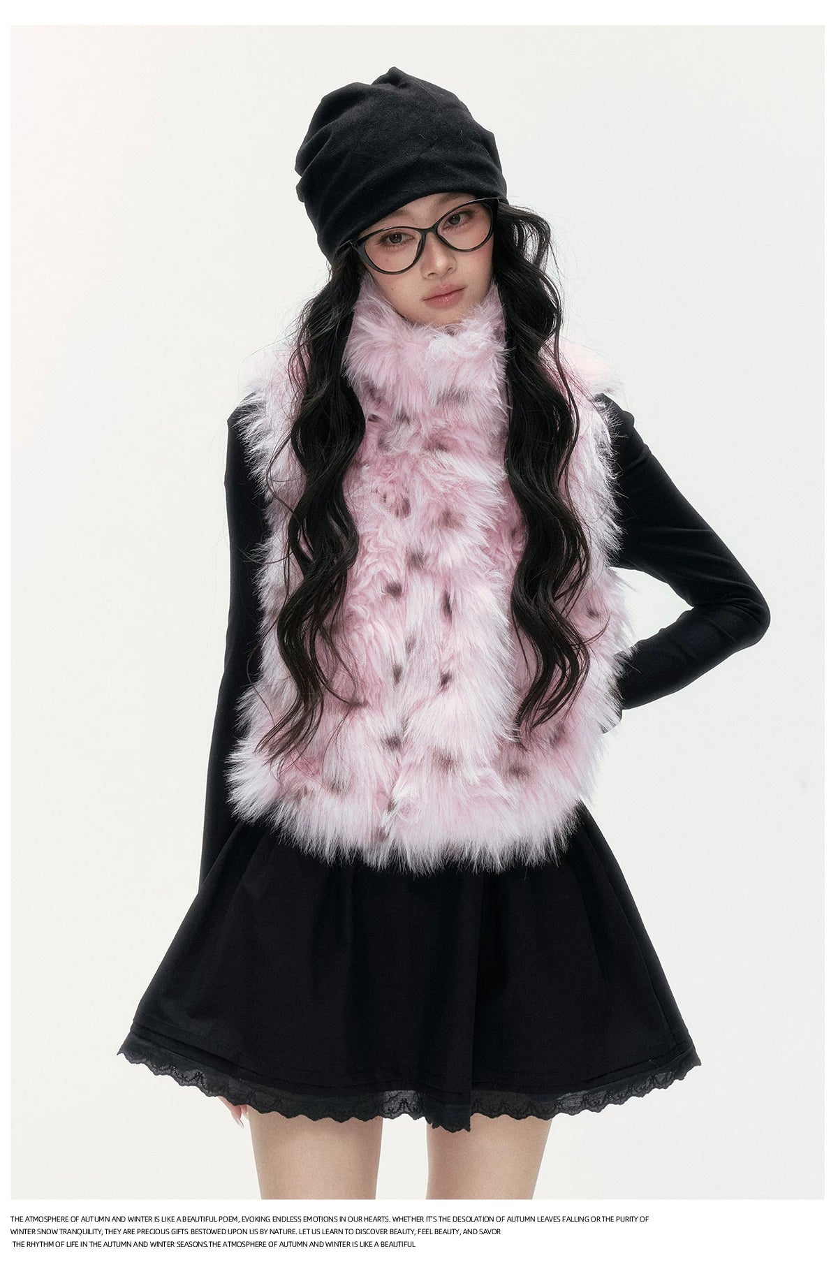 24olvides - Black and Pink Polka Dot Faux Fur Vest