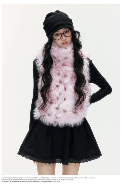 24olvides - Black and Pink Polka Dot Faux Fur Vest