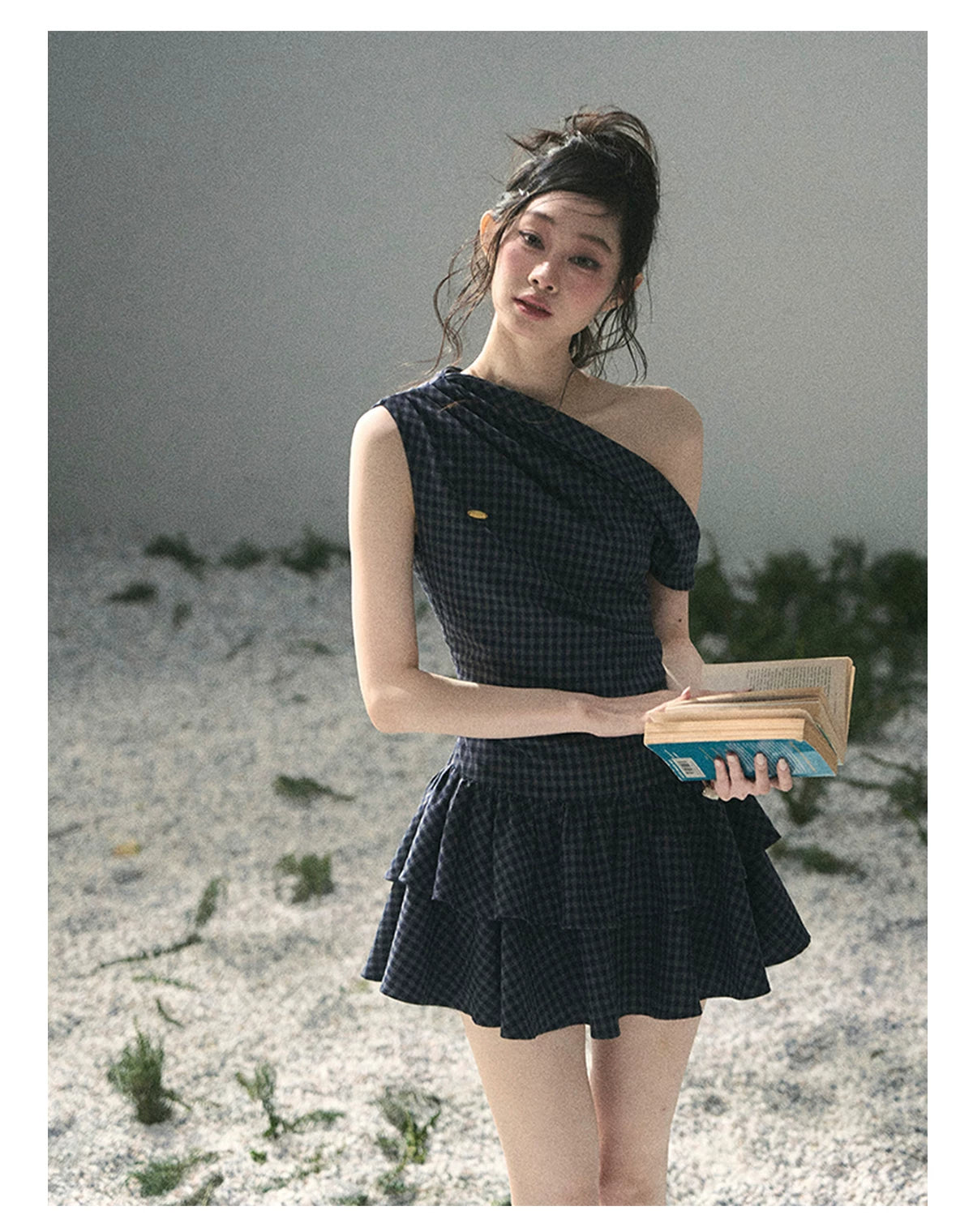 "Moonlit Bellflower Reverie" Navy Plaid One-Shoulder Mini Dress 567474