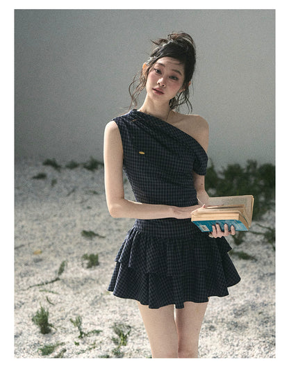 "Moonlit Bellflower Reverie" Navy Plaid One-Shoulder Mini Dress 567474