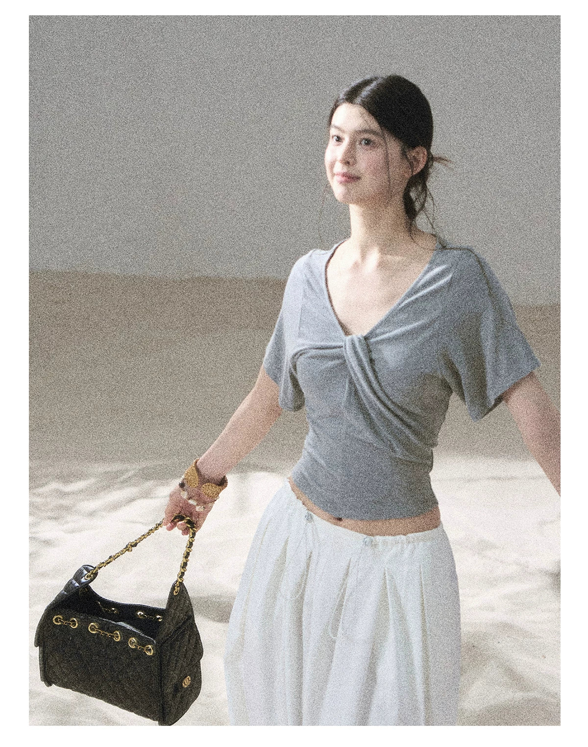 "Moonlight on Water" Twist-Front Cropped T-Shirt (Silver Mink Gray/ Mist Blue)