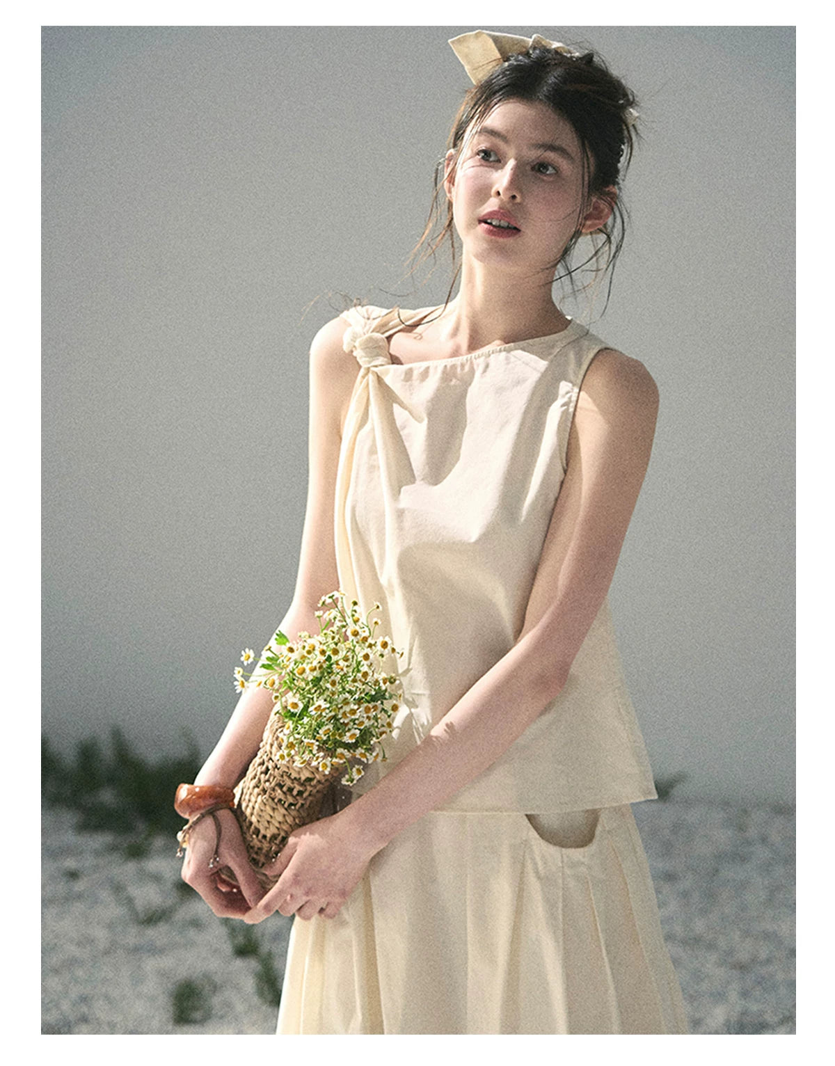 “Ivory Pleated Verse” Soft White Asymmetrical Twist Top & Skirt