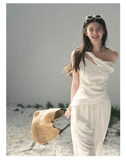 “Cloud Threads Falling at the Shoulder” Ivory Linen-Blend Two-Piece Set