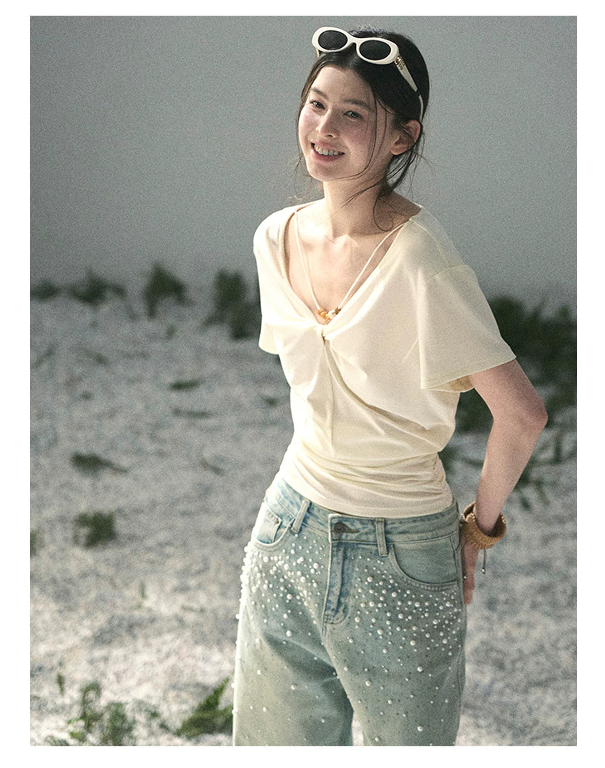 “White Between Breaths” Ivory Twist V-Neck Top