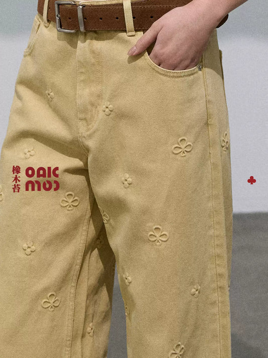 OAKMOO - "Autumn Vein" Textured Embossed Wide-Leg Denim Pants – Chrysanthemum White 25Q326