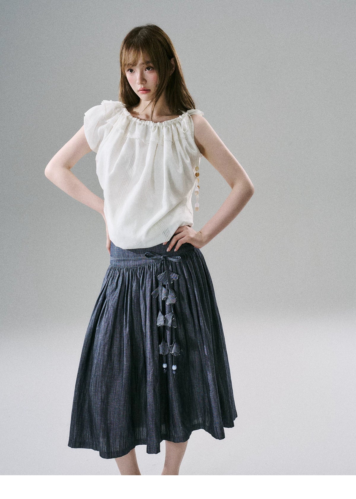 LOST FOREST - Natural Linen-Blend Drawstring Shoulder Top