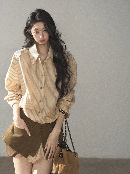 AOMALM - "Autumn Botanicals" Amber Yellow Striped Shirt & Wrap Faux Half-Skirt Set