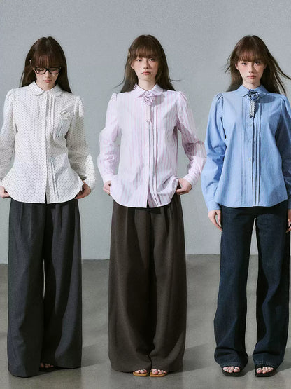 LOST FOREST - Flower Brooch Linen-Blend Shirt (Blue Stripe / Pink Stripe / Polka Dot)