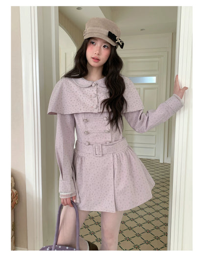 [RF] “Taro Cloud” Pink Double-Breasted Waist-Defined Cape Coat