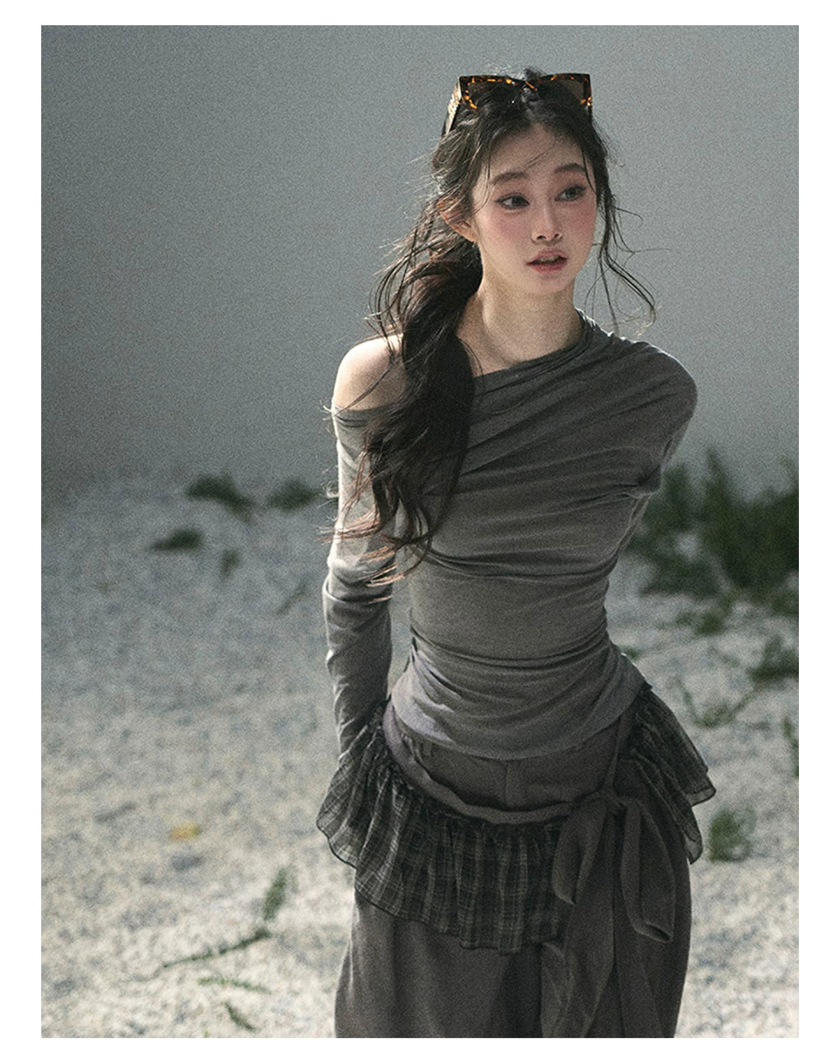 “Where Shadow Walks Beside Light” Dusk Gray Asymmetrical Top
