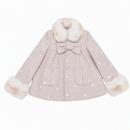 RF - Peach Pink Ombre Faux Fur Collar Wool-Look Jacket with Star Embroidery
