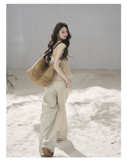 "Follow the Sea Breeze" Lightweight Straight-Leg Wide-Leg Pants (Lotus Pink/ Gray Sage Green/ Gray Blue)