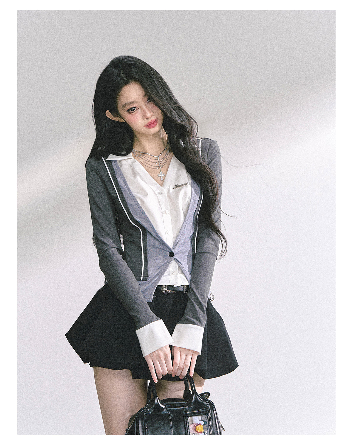 少也眼 "London Senior Muse" Layered Polo Long Sleeve Tee - Gray-White 924863