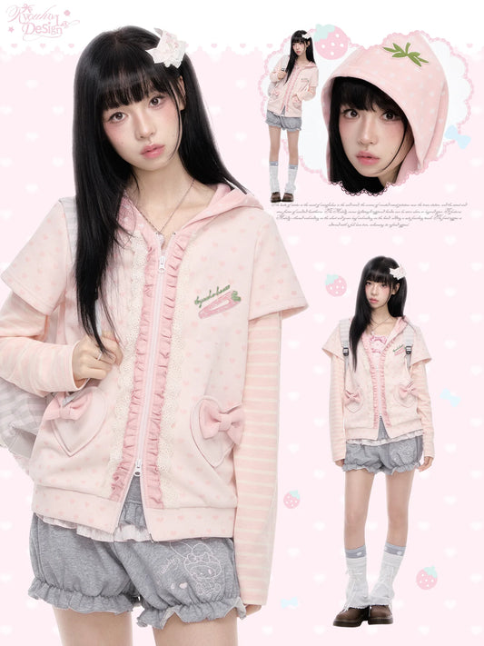 KYOUKO - Pink Hooded Zip-Up Jacket & Gray Ruffle Pants Set