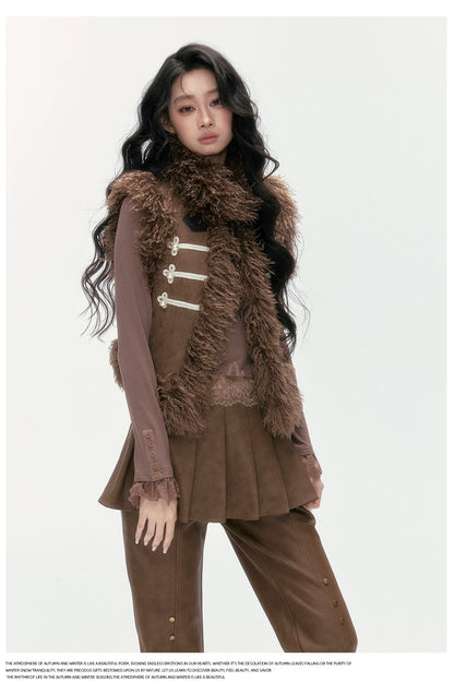 24olvides - Faux Suede Faux Shearling Vest with Pearl Buttons (White / Brown)