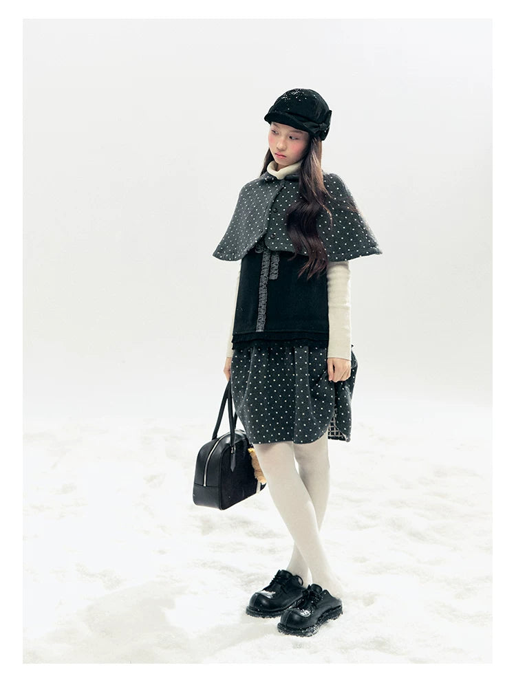 "Berlin Winter Chronicle" Black Polka Dot Capelet & Pinafore Dress Set
