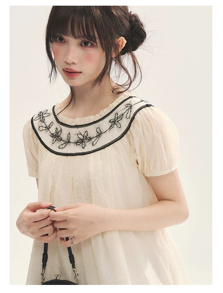 "Toasted Cookie" Yellow Flower Rope Embroidery Babydoll Top