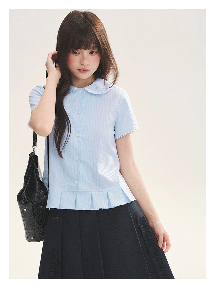 "Citrus Sea Salt" Stripe Lace Peter Pan Collar Pleated Shirt (White Blue / Blue White)
