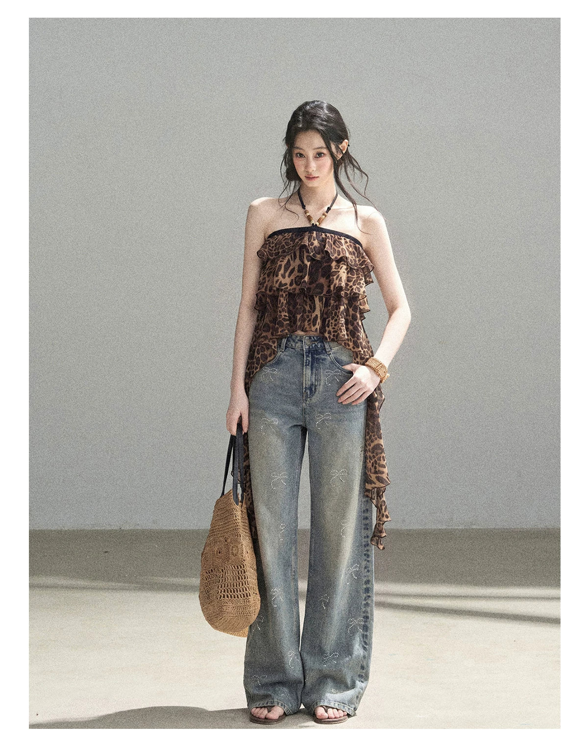 "Chasing the Sunset" Chestnut Brown Leopard Halter Ruffle Crop Top