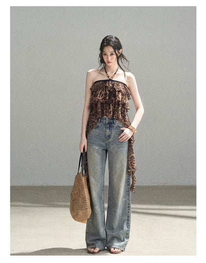 "Chasing the Sunset" Chestnut Brown Leopard Halter Ruffle Crop Top