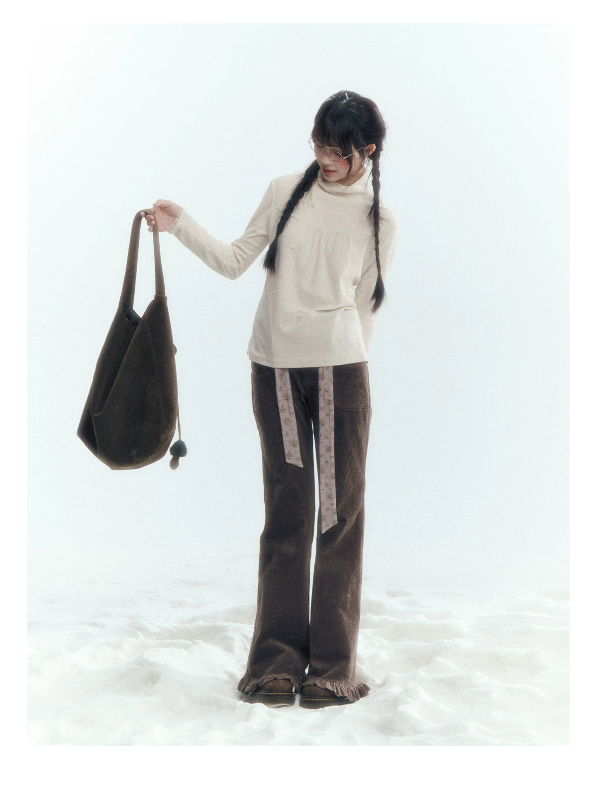 Horridale - Milk Tea Brown Floral Belt Corduroy Flare Pants