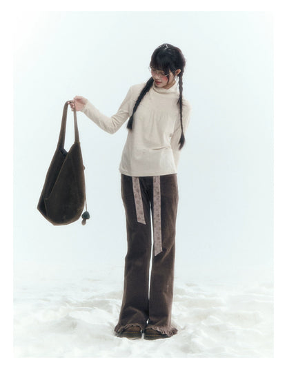 Horridale - Milk Tea Brown Floral Belt Corduroy Flare Pants