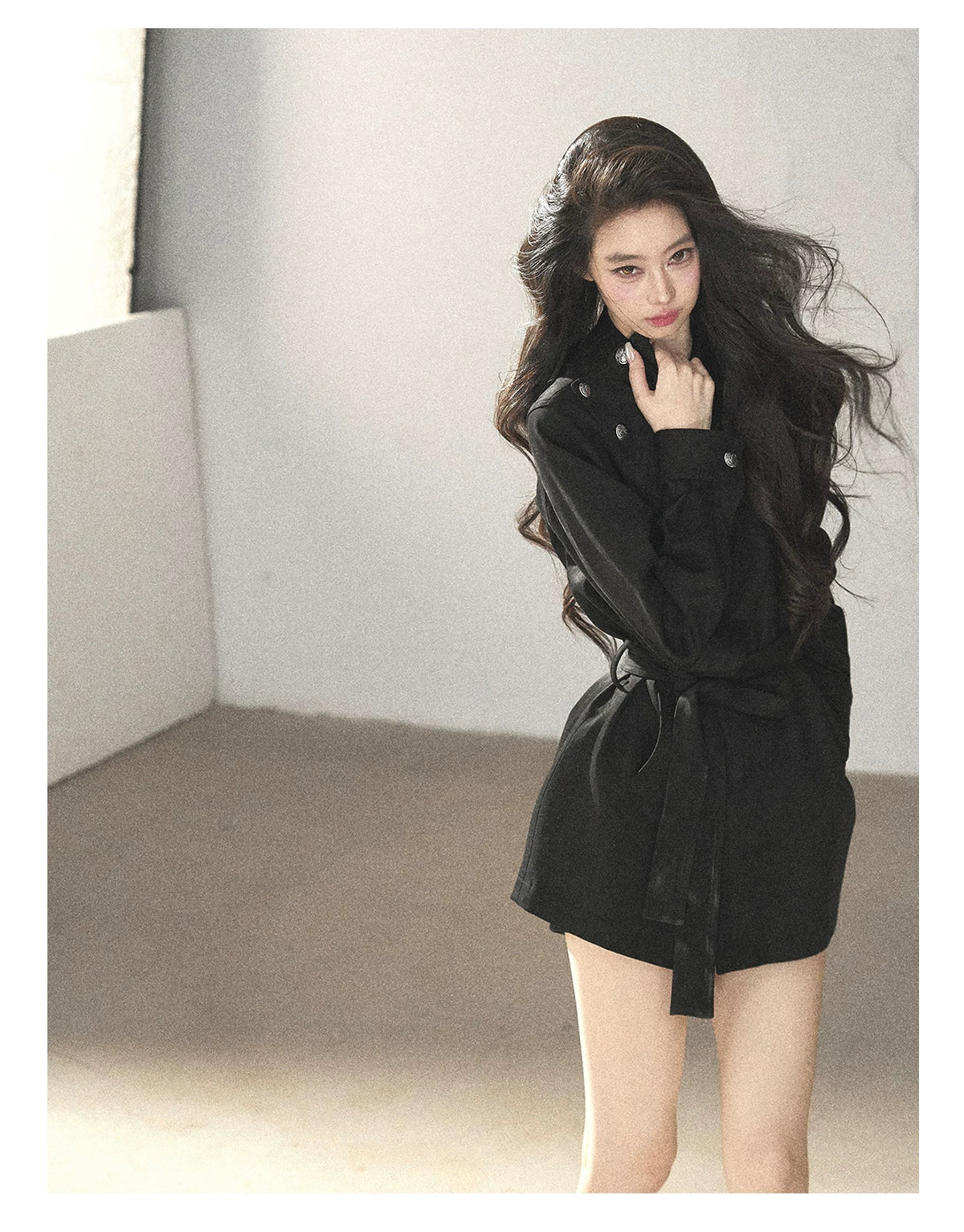 AOMALM - Black Faux-Suede Cropped A-Line Trench Coat with Belt