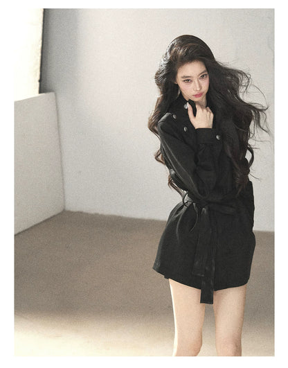 AOMALM - Black Faux-Suede Cropped A-Line Trench Coat with Belt