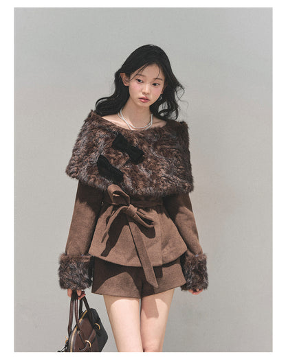 少也眼 “Drifting Through Her Dreams” – Winter Luxe Three-Piece Cape Set - Chestnut Brown 8746513