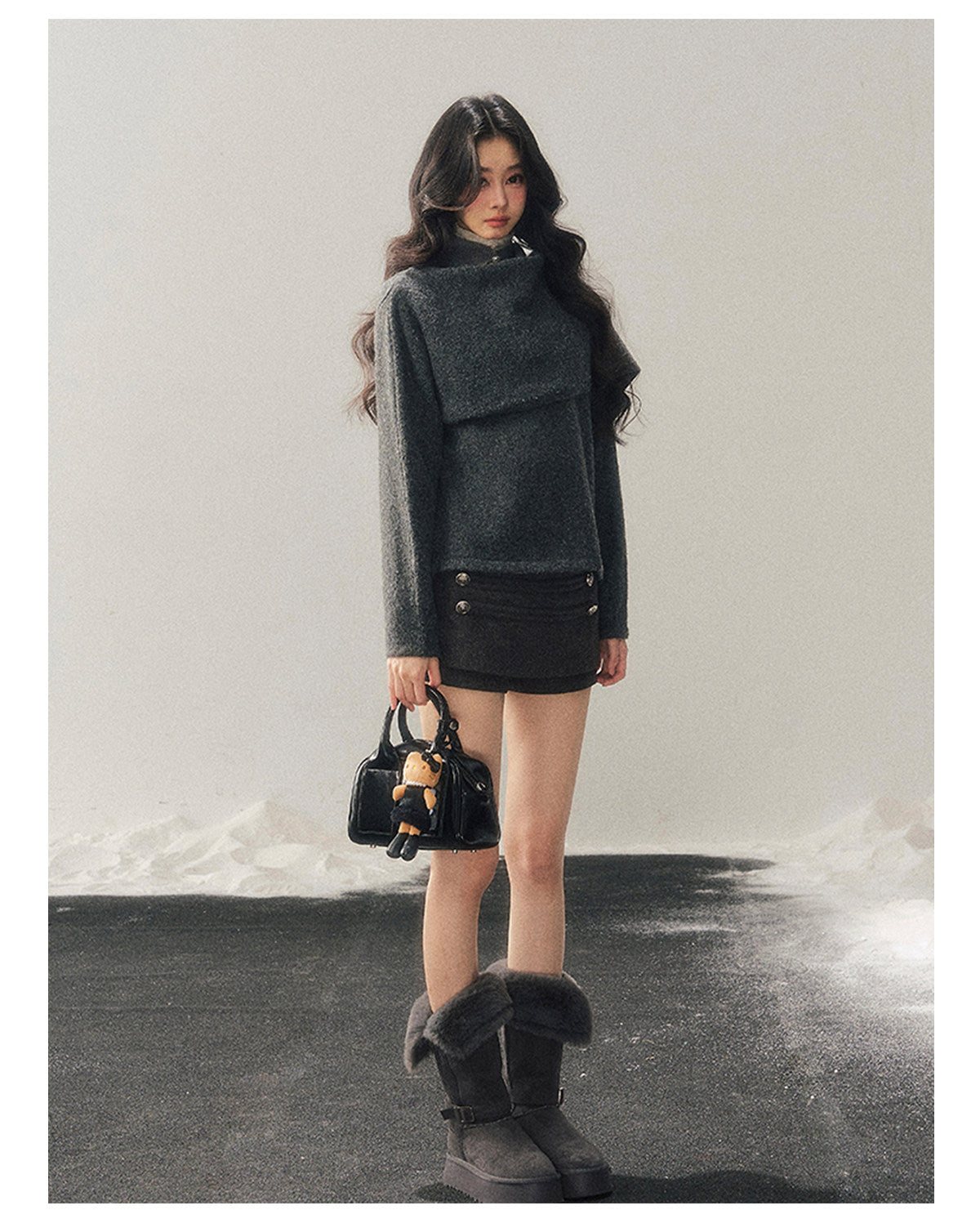 少也眼 "When Clarity Falls" Dusk Gray Layered Shawl Knit Sweater