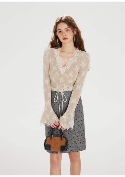 French Lace V-neck Knitted Top
