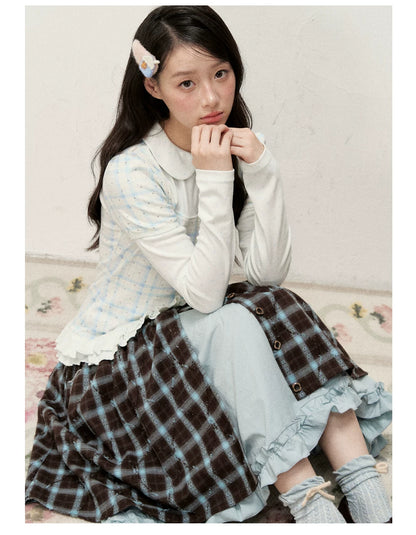[RF] Star Blue Faux Two-Piece Lace-Trim Blouse with Peter Pan Collar