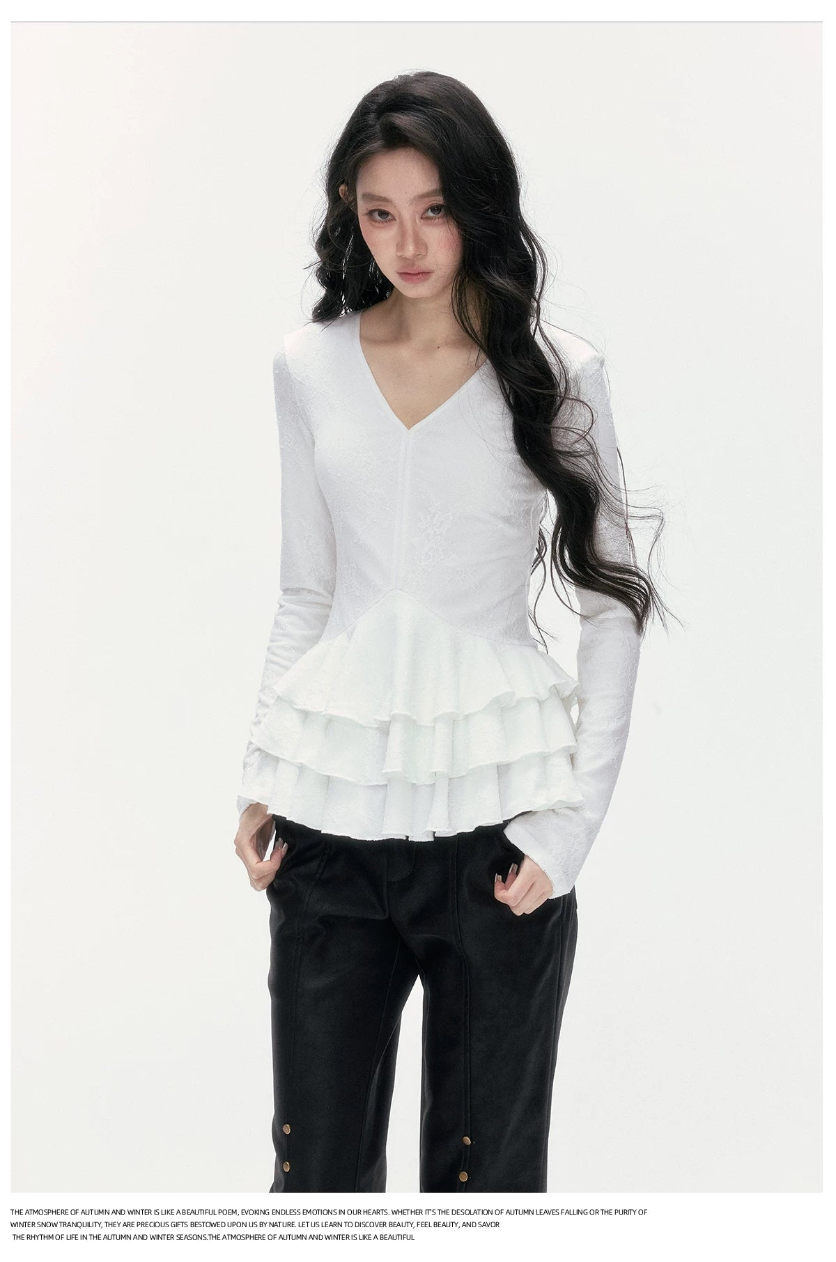 24olvides - V-Neck Lace Top with Tiered Hem (White / Khaki)