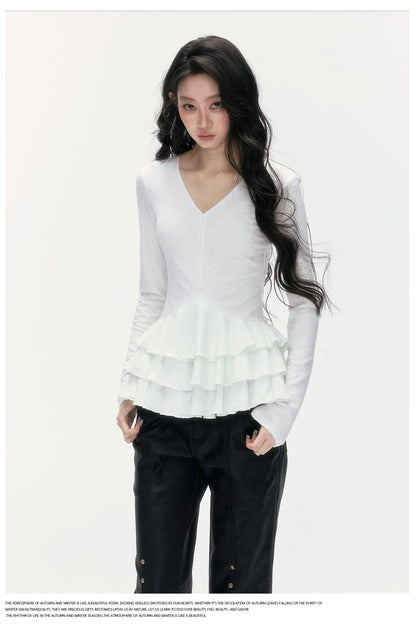 24olvides - V-Neck Lace Top with Tiered Hem (White / Khaki)