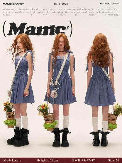 French Bow Tie Strap Smocked Dress WE852 (Navy Plaid)