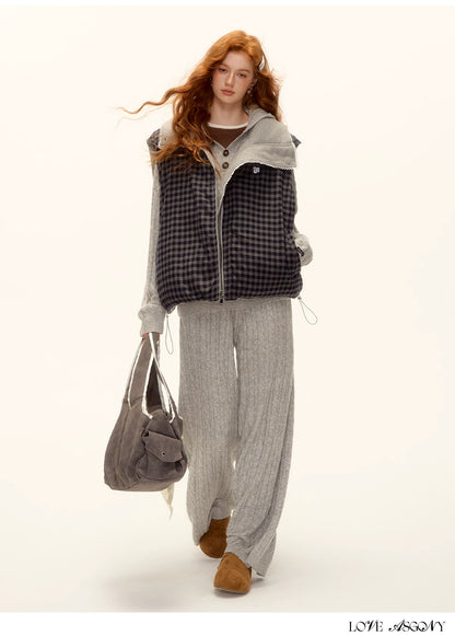 ASGONY - Reversible Plaid Lace-Trim Quilted Vest (Brown / Gray)