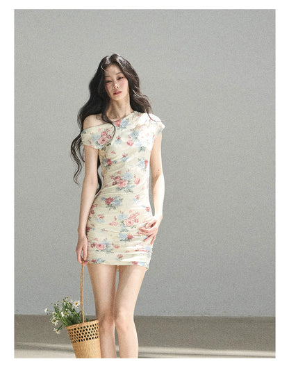 "Flowers & Sunlight" Dutch Cream Off-Shoulder Mesh Bodycon Mini Dress