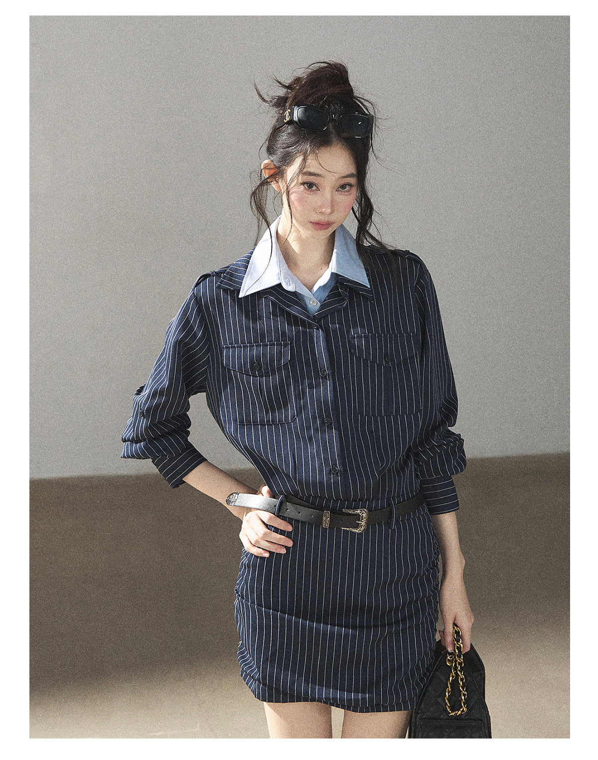 170726 "The Island and the Whale" Deep Slate Gray Layered Stripe Shirt Dress with Belt