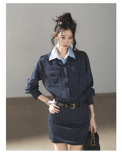 170726 "The Island and the Whale" Deep Slate Gray Layered Stripe Shirt Dress with Belt