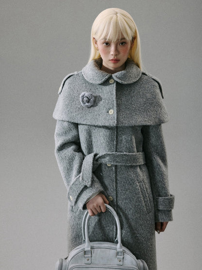 “Intellectual Cape Silhouette” Long Wool Blend Minimal Coat - Gray 8007